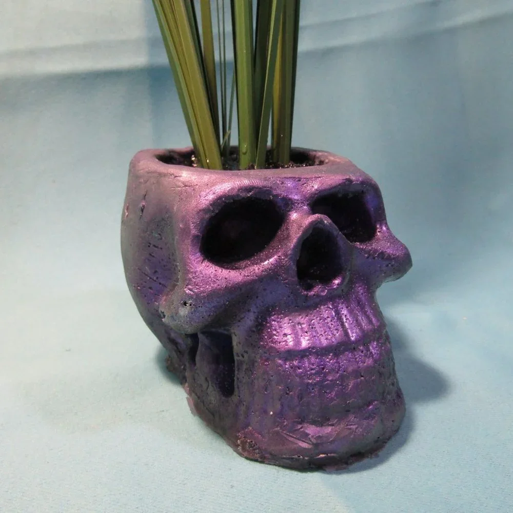 Aquarium Decoration - Purple Zombie Skull with Tall Green Plant.